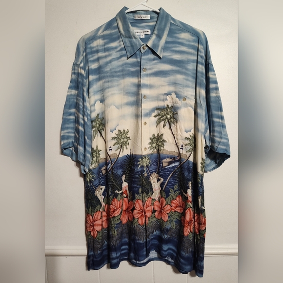 Vintage 90s Hawaiian Shirt 100% Rayon Pierre Cardin Dancing Women Ocean Beach - Picture 1 of 7